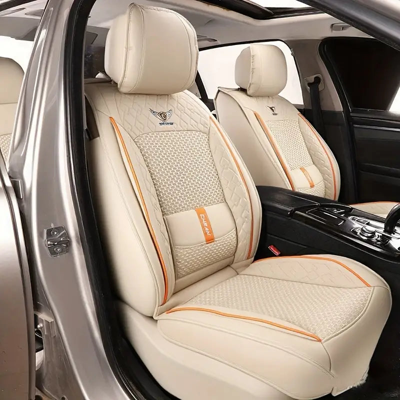 Kit Novren - Modelo Universal: Capa para Banco de Carro de Couro Legítimo - Leve, Design Ergonómico +Kit de Tapetes Automotivos e Capa de Volante Grátis